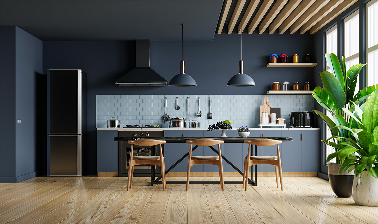 Modern style kitchen interior design with dark blue wall.